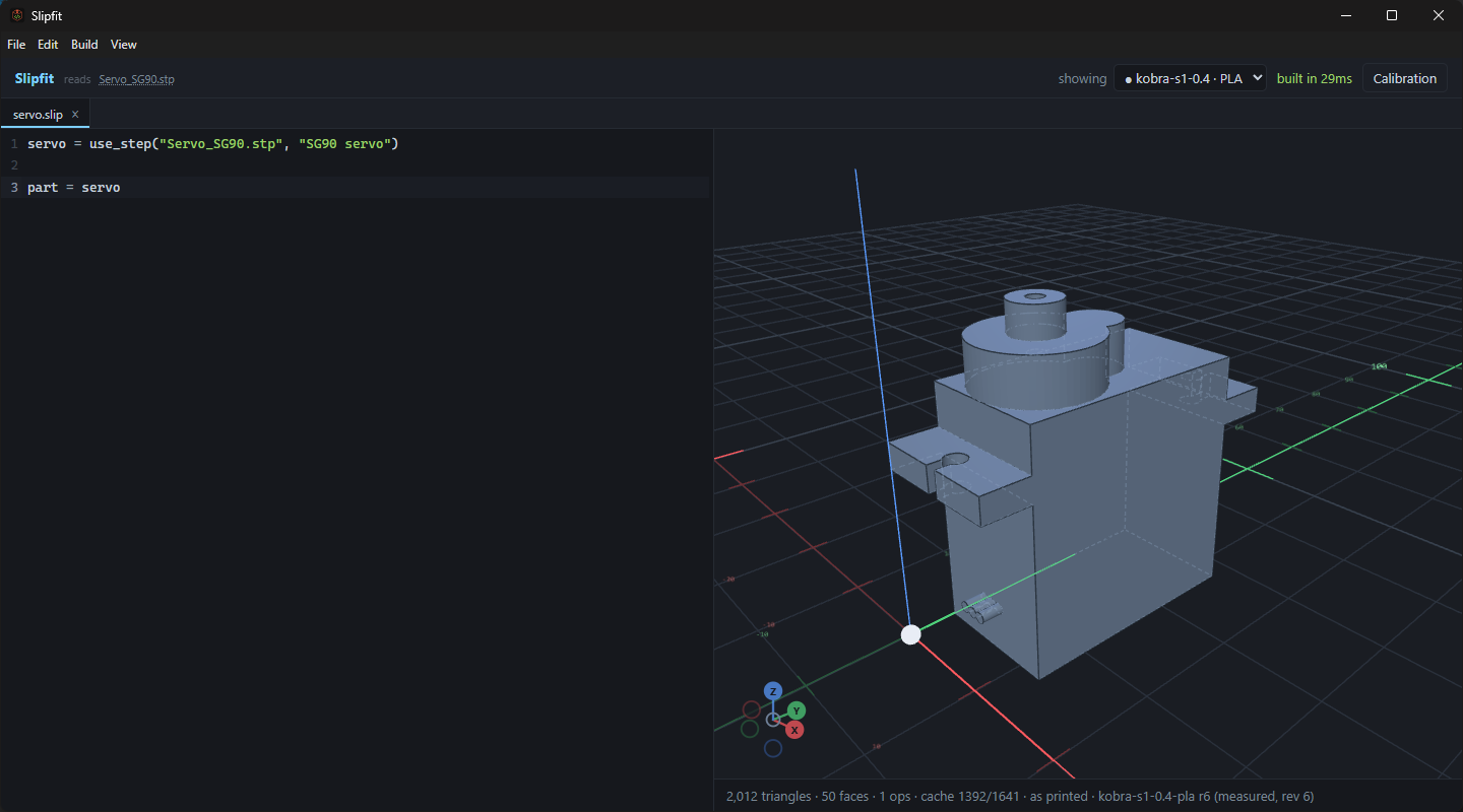 Servo solid read from a STEP file instead of built from primitives.